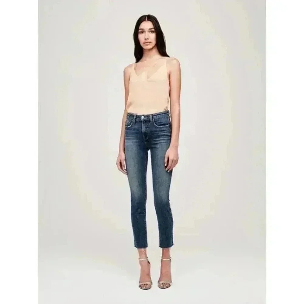 5/ $100 L'agence Luna High Rise Straight 25 Jeans Lagoon Cut Off Denim Blue Pant